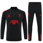 Black Liverpool FC training top and pants set with red sponsor and crest logos; features AXA sponsor across chest and red Adidas branding.