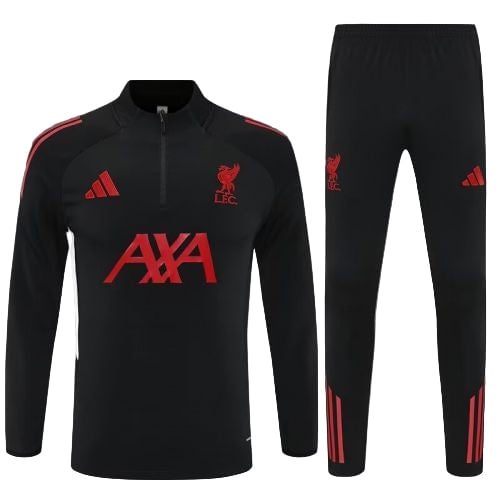 Black Liverpool FC training top and pants set with red sponsor and crest logos; features AXA sponsor across chest and red Adidas branding.