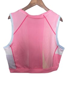 Pink sleeveless athletic vest on a hanger with light blue trim and white line graphics on the back, forming a geometric pattern.