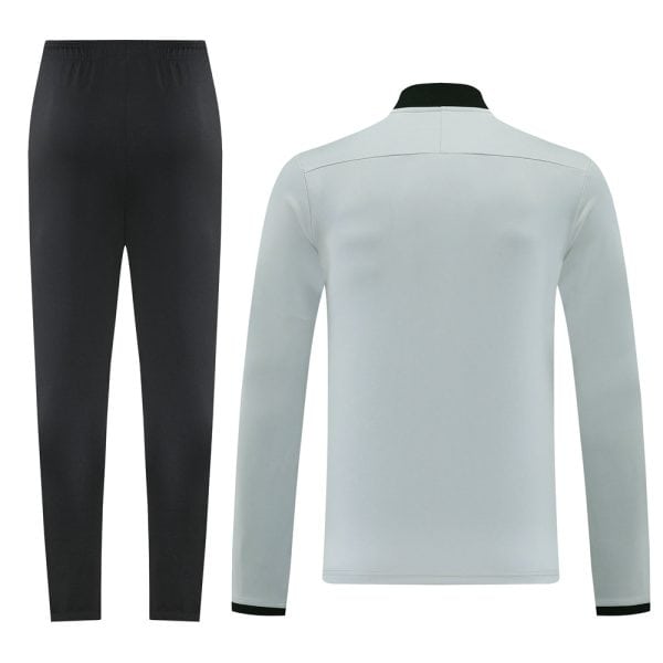 Back view of a light gray long-sleeve jacket with black collar paired with black straight-leg pants, shown side-by-side as a two-piece outfit.