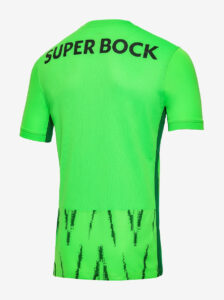 dEyfOcxHK4phlPk | UAE SPORT STORE Back view of a bright green sports jersey with black 'SUPER BOCK' lettering across the shoulders and a black striped pattern at the hem.