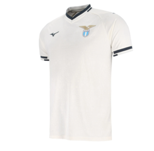 White Lazio football jersey with black trimmed collar and crest on the chest.