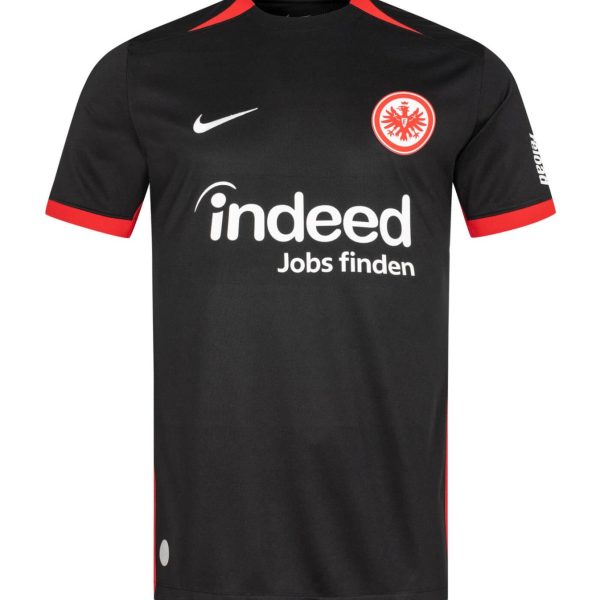 Black Eintracht Frankfurt football jersey with Nike swoosh and Indeed sponsor logo, red accents on collar and sleeves