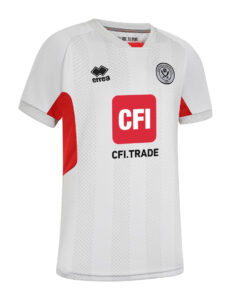 White football shirt with red side panels, textured vertical stripes, and a large red CFI sponsor logo on the front.