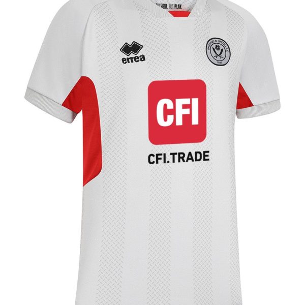 White football shirt with red side panels, textured vertical stripes, and a large red CFI sponsor logo on the front.
