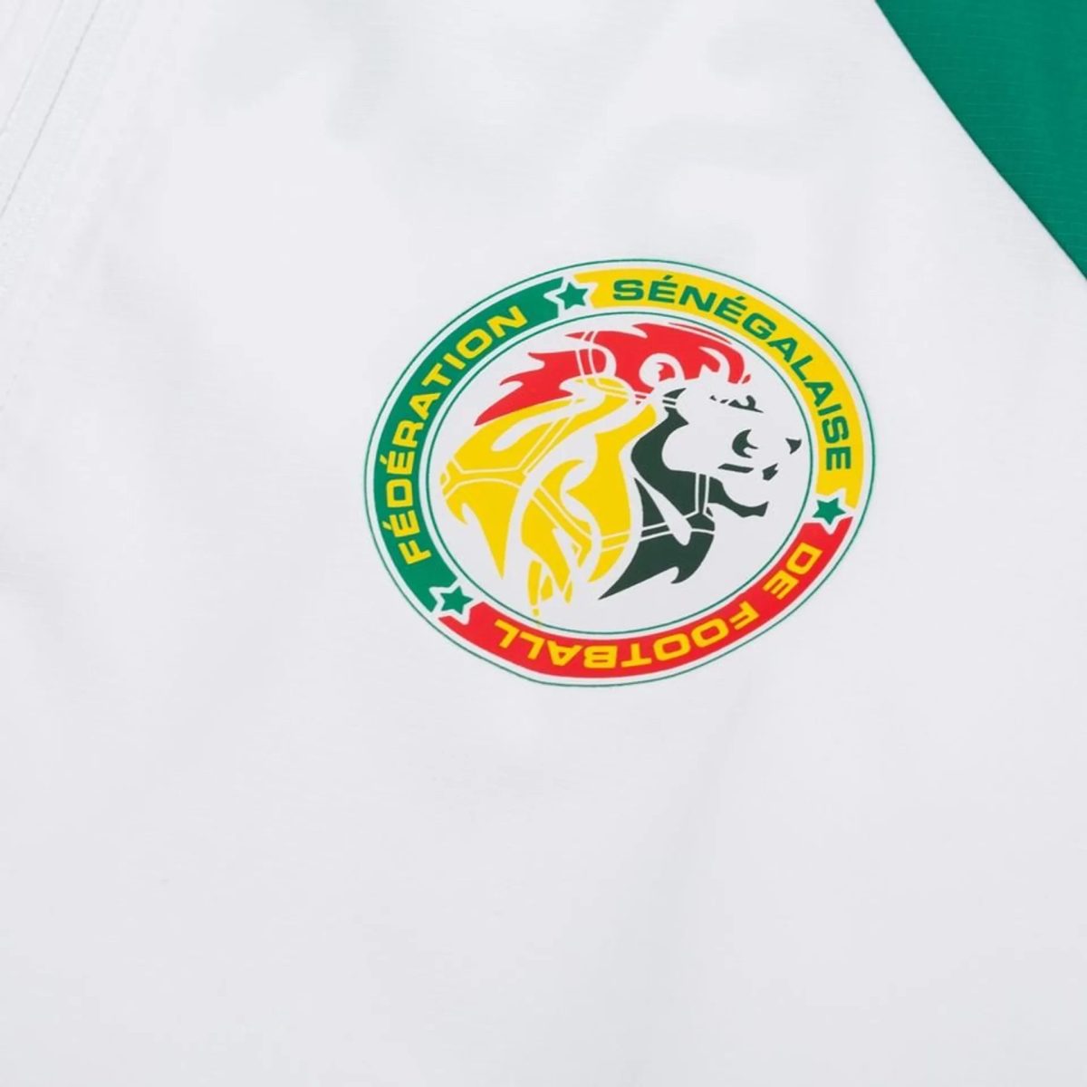 Partial view of the circular logo for the Fédération Sénégalaise de Football on a white background, mostly showing green and red segments with a lion mascot.