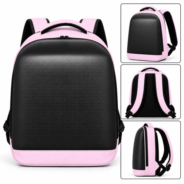 GlowBag 5X –B LED Smart Backpack in pink and black with handle and shoulder straps.
