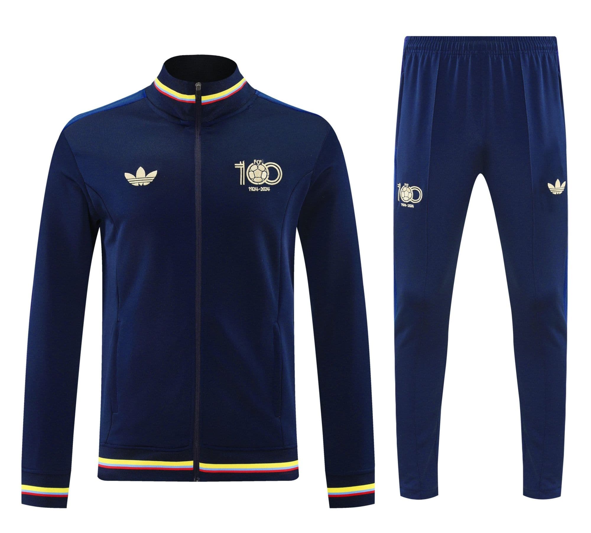 dcf3afb9 | UAE SPORT STORE Navy tracksuit jacket and pants set with rainbow-striped cuffs and hem, gold crest and Adidas-style logo on chest, isolated product shot.
