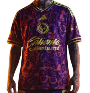Colorful soccer jersey featuring a purple–orange gradient, Club América crest, Adidas stripes, and 'Caliente.mx' sponsor text worn by a person.