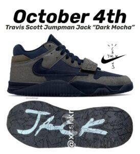 Side view of a dark mocha Nike sneaker with blue and gray panels, bold midsole, and a cracked outsole pattern shown separately below. Text above reads 'October 4th' and 'Travis Scott Jumpman Jack 'Dark Mocha''.