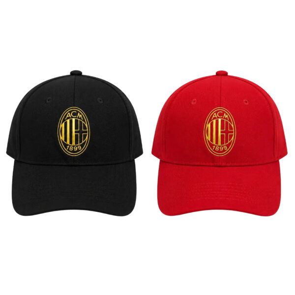 Two baseball caps, black and red, each with a gold AC Milan crest embroidered on the front.
