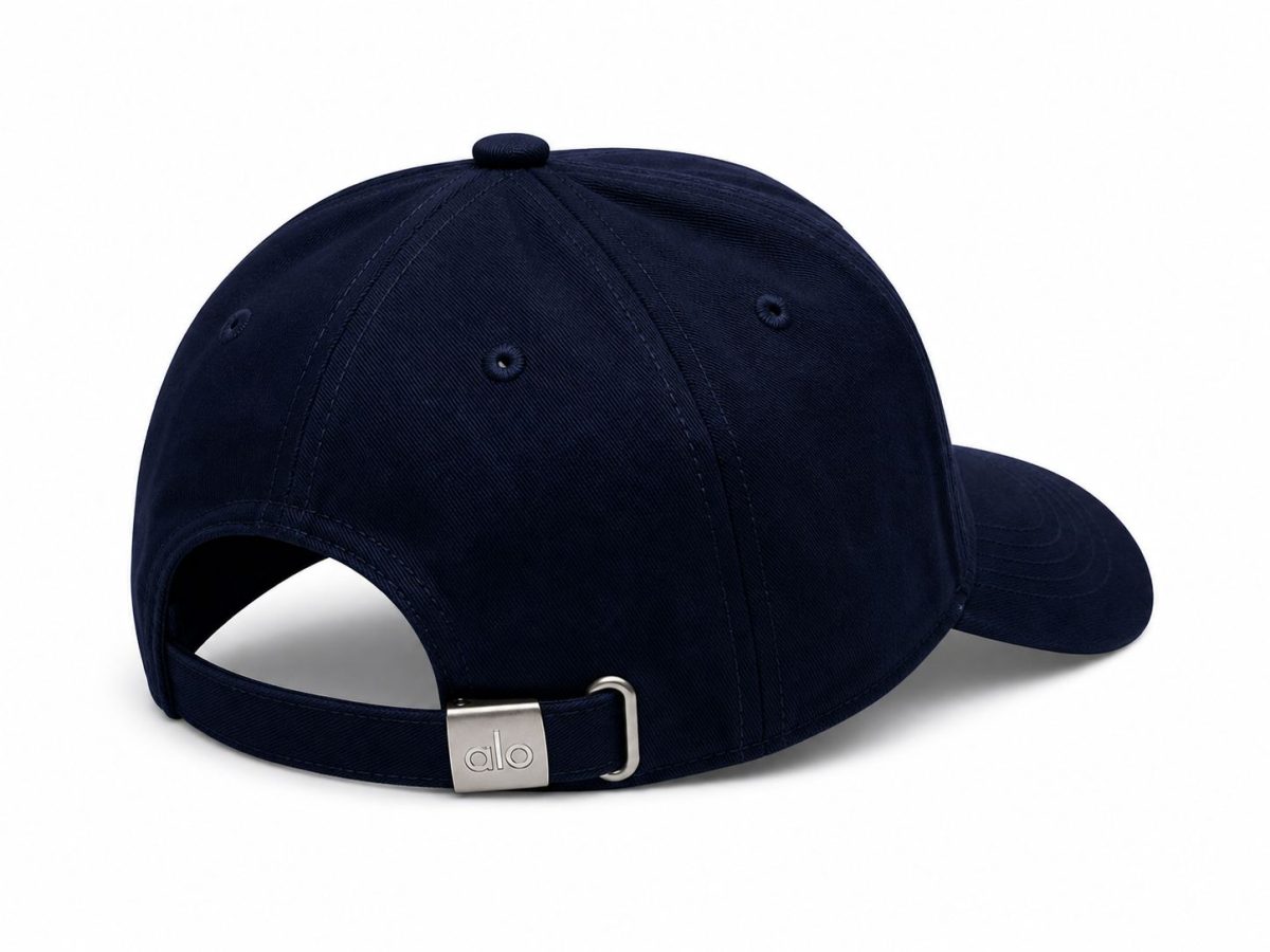 Navy blue baseball cap shown from the back with an adjustable strap and silver buckle.