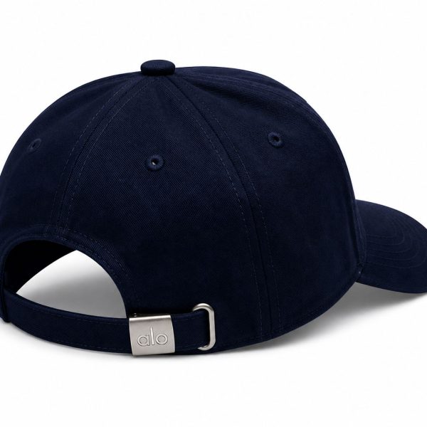 Navy blue baseball cap shown from the back with an adjustable strap and silver buckle.
