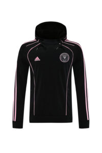 df40f40f | UAE SPORT STORE Black athletic hoodie with pink piping along the shoulders and arms, a pink Adidas logo on the chest, and a circular team crest on the left chest; hood with drawstrings and ribbed cuffs.
