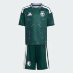 Saudi Arabia SAFF soccer kit: dark green jersey with purple geometric pattern, white Adidas logo, SAFF crest, and white-striped shoulders paired with matching shorts.