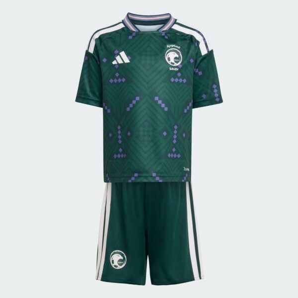 Saudi Arabia SAFF soccer kit: dark green jersey with purple geometric pattern, white Adidas logo, SAFF crest, and white-striped shoulders paired with matching shorts.
