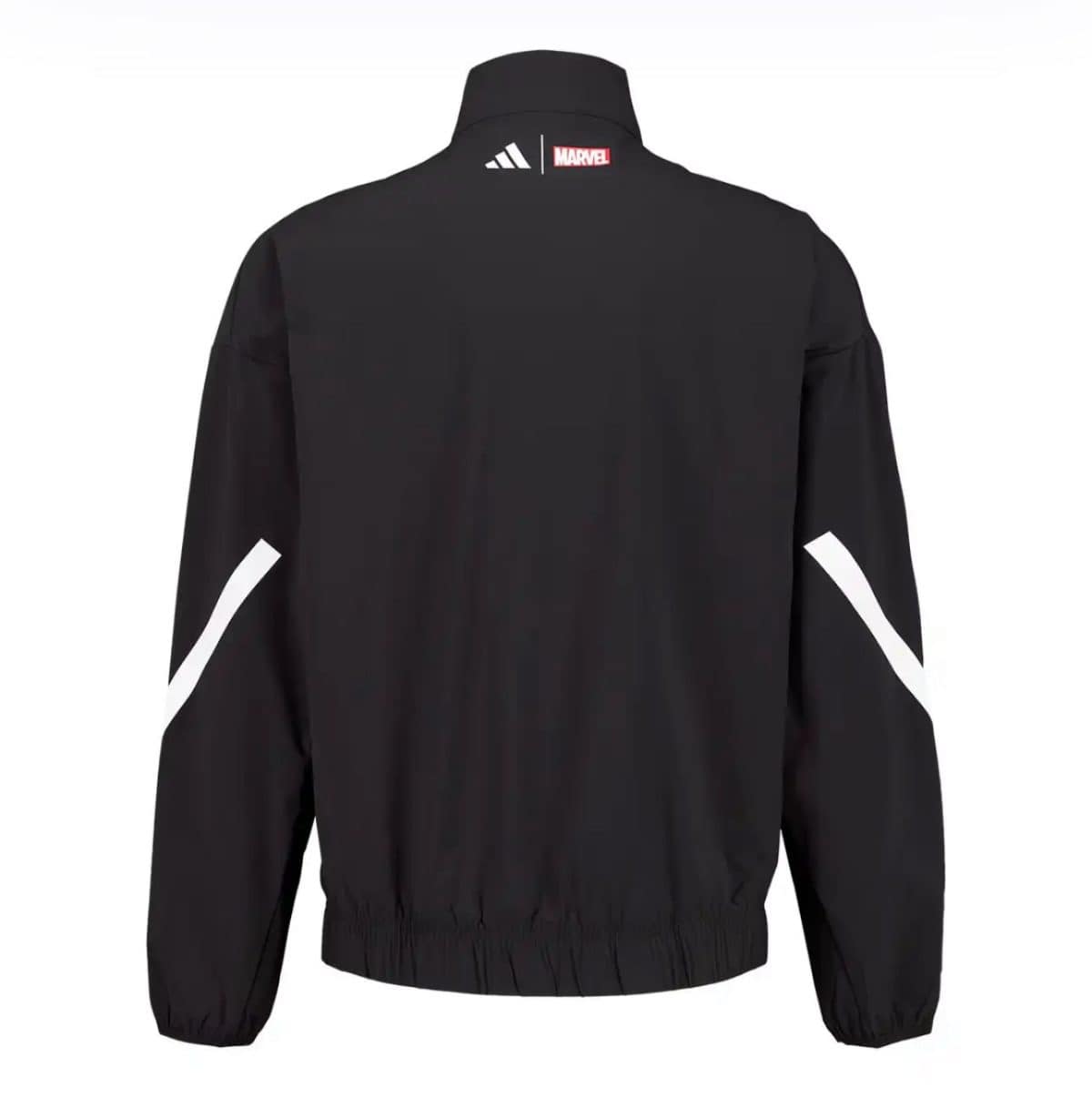 Back view of a black windbreaker with white diagonal sleeve stripes and small Adidas and Marvel logos at the neck area, elastic hem.