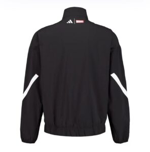 Back view of a black windbreaker with white diagonal sleeve stripes and small Adidas and Marvel logos at the neck area, elastic hem.