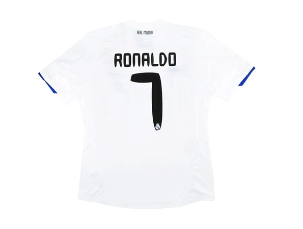 White soccer jersey with Ronaldo and number 7 on the back.