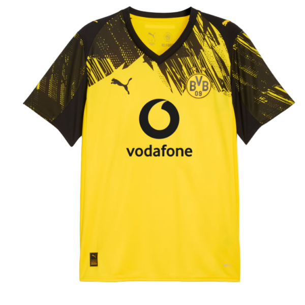 Borussia Dortmund football jersey: yellow with black patterned sleeves, featuring the BVB crest and Vodafone sponsor.