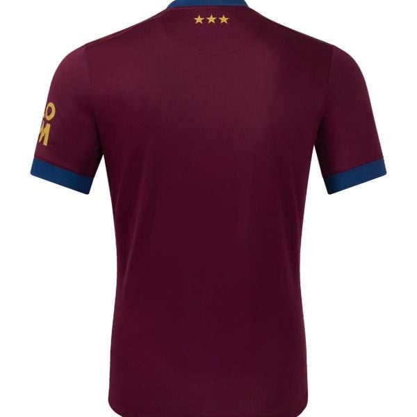 Back view of a maroon polo shirt with blue collar and cuffs; three gold stars along the upper back near the neck.