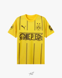 Bright yellow Borussia Dortmund football jersey with black pinstripes, BVB 09 crest and Puma logo, featuring a large One Piece graphic across the chest.