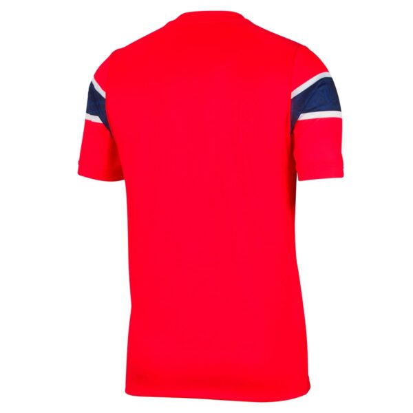 Back view of a bright red jacket with blue and white striped sleeves.