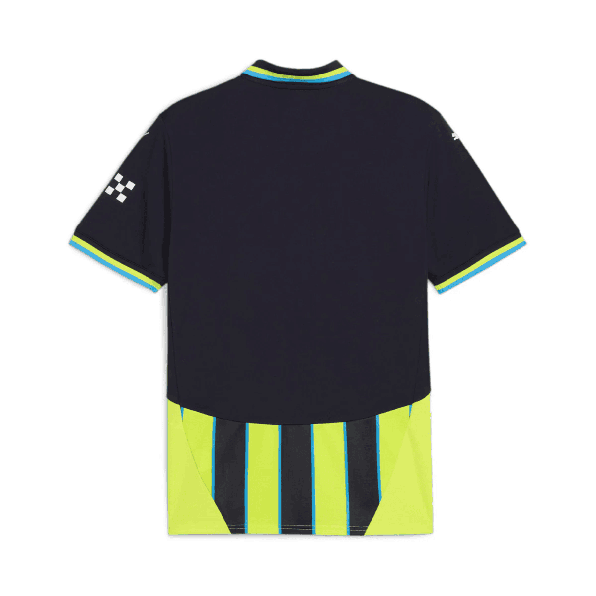 Back view of a navy polo shirt with bright blue and lime trim at the collar and sleeves, shown with neon yellow and blue striped shorts underneath.