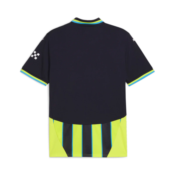 Back view of a navy polo shirt with bright blue and lime trim at the collar and sleeves, shown with neon yellow and blue striped shorts underneath.