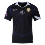 Black soccer jersey with white Nike swoosh, blue piping, and a FIFA World Champions badge on the chest.