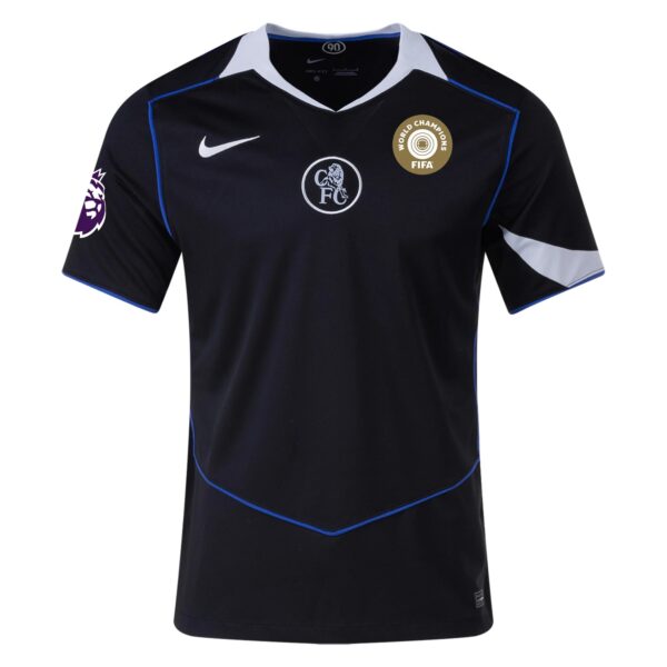Black soccer jersey with white Nike swoosh, blue piping, and a FIFA World Champions badge on the chest.