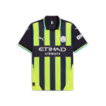 Manchester City football jersey with navy base and neon-yellow vertical stripes, featuring club crest and Etihad Airways sponsor logo across the chest.