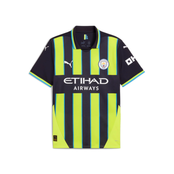 Manchester City football jersey with navy base and neon-yellow vertical stripes, featuring club crest and Etihad Airways sponsor logo across the chest.