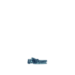 Blue U-Power logo with a lion head on a black background.