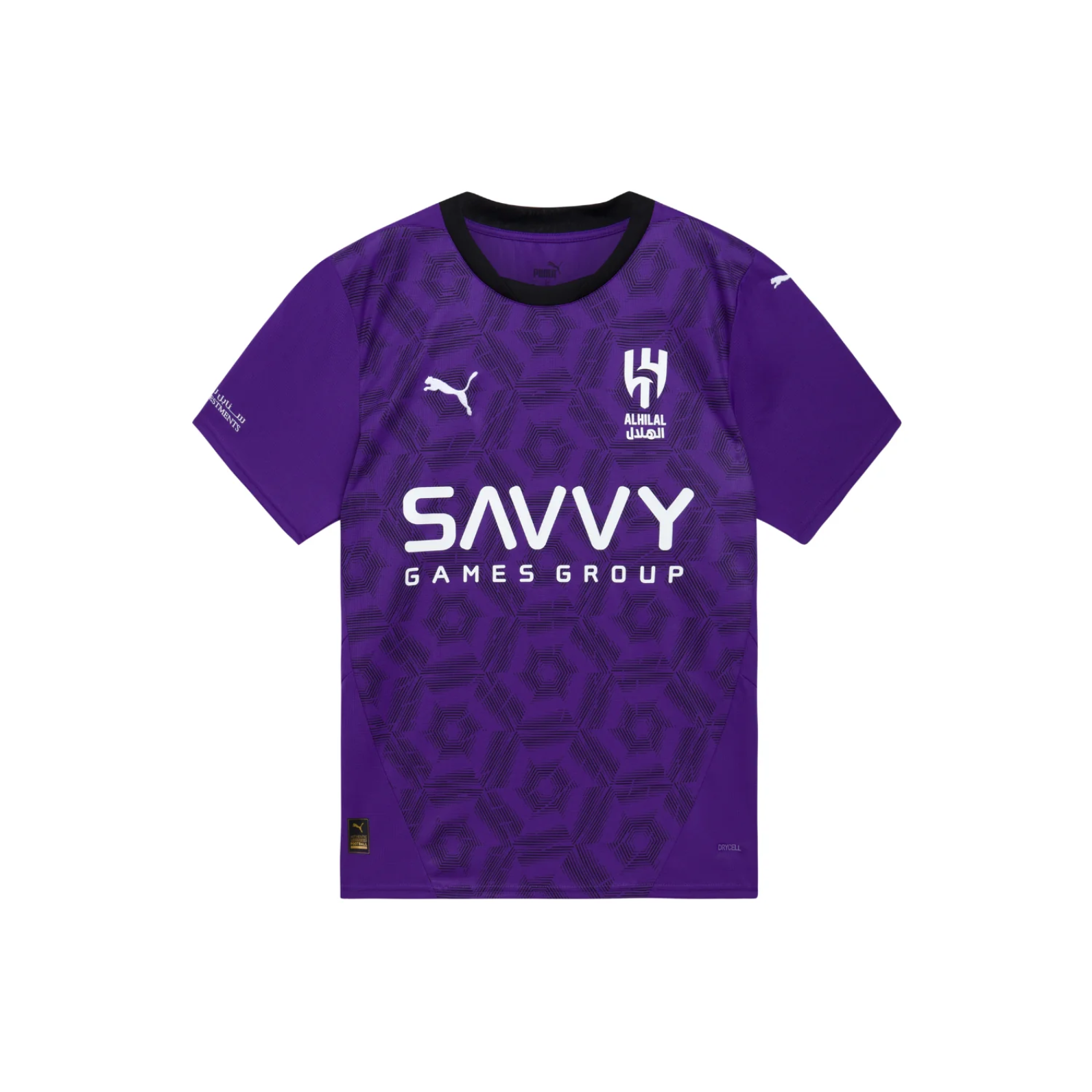 download_8b091bcd-0f7c-4a30-ac21-430d0af7aa11 Purple football jersey with black collar and geometric hex pattern, featuring the white 'SAVVY GAMES GROUP' sponsor across the chest and the ALHILAL crest with Puma branding on the chest.