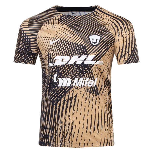 Tan and black abstract patterned athletic jersey with DHL and Mifel logos and a white Nike swoosh on the chest, plus a small crest.