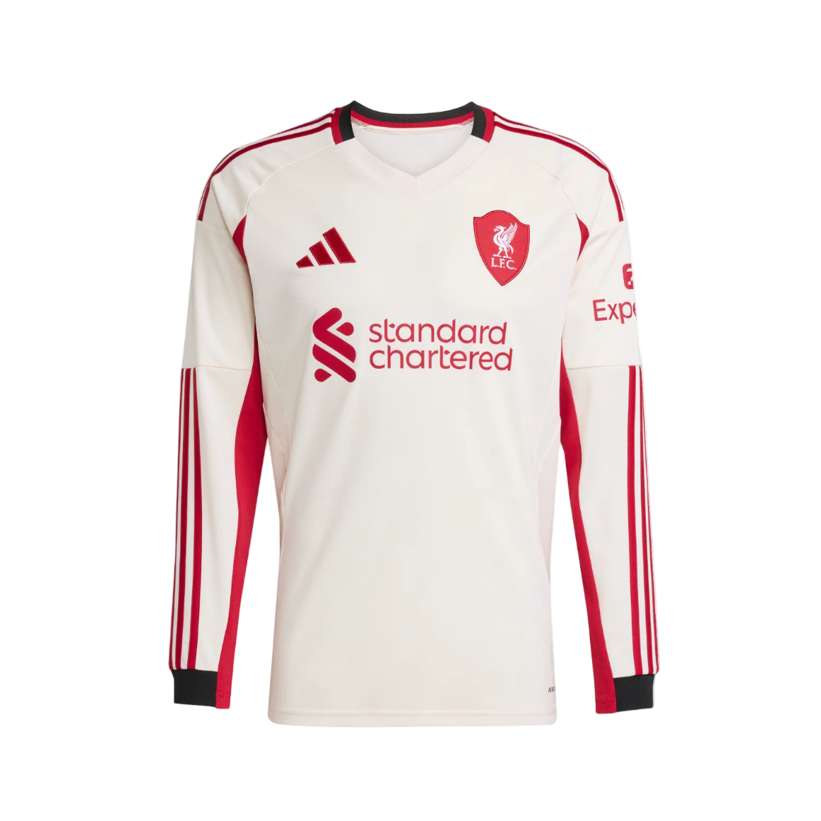 dsds White soccer jersey with red accents and crest, featuring Standard Chartered sponsor and Adidas logo (Liverpool FC).