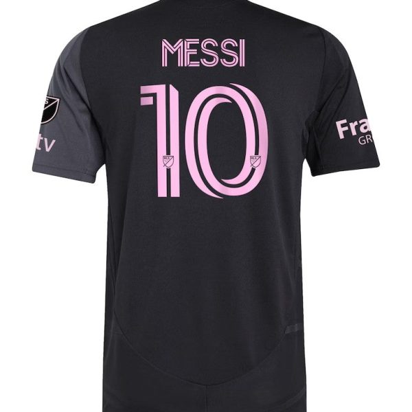 Back view of a black Messi #10 soccer jersey with pink lettering and team logos on the sleeves
