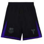 Black athletic shorts with purple side panels and an elastic waistband, featuring a shield-like crest on the left leg and a small abstract logo on the right leg.