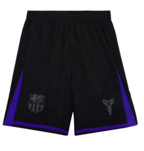 Black athletic shorts with purple side panels and an elastic waistband, featuring a shield-like crest on the left leg and a small abstract logo on the right leg.
