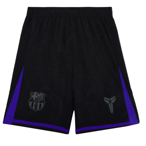 Black athletic shorts with purple side panels and an elastic waistband, featuring a shield-like crest on the left leg and a small abstract logo on the right leg.