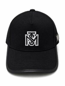 Black baseball cap with a white embroidered logo on the front center panel.