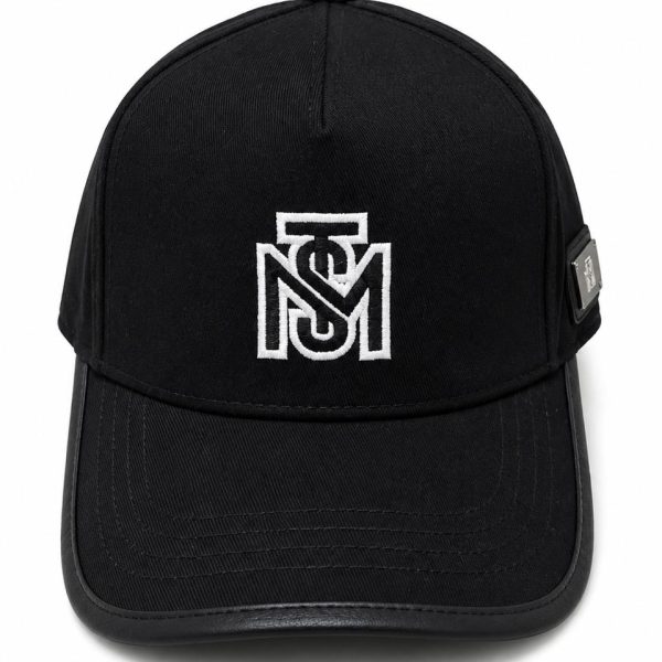 Black baseball cap with a white embroidered logo on the front center panel.
