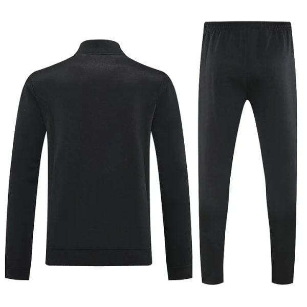 Back view of a black tracksuit jacket and matching pants set. Simple, athletic loungewear style.