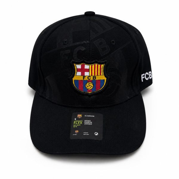 Black baseball cap with a colorful FC Barcelona crest on the front and 'FCB' on the side