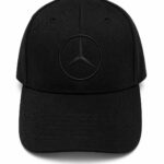 Black baseball cap with an embossed Mercedes-Benz circular logo on the front panel.