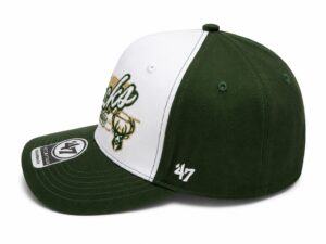 Green and white baseball cap with a buck logo on the white front panel and '24/7' embroidered on the green side/back panel.