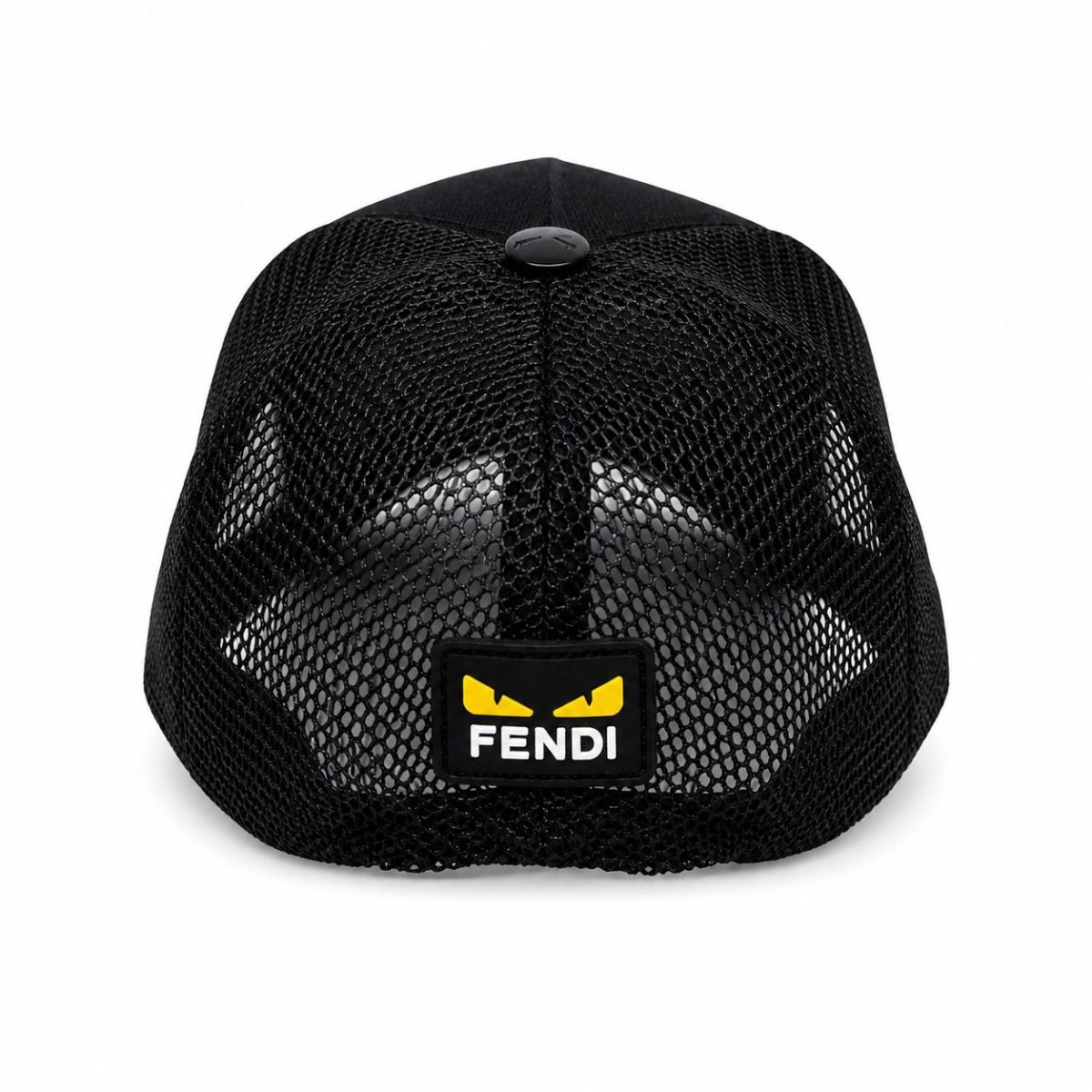 Back view of a black mesh baseball cap with a Fendi logo patch on the back.