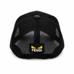 Back view of a black mesh baseball cap with a Fendi logo patch on the back.
