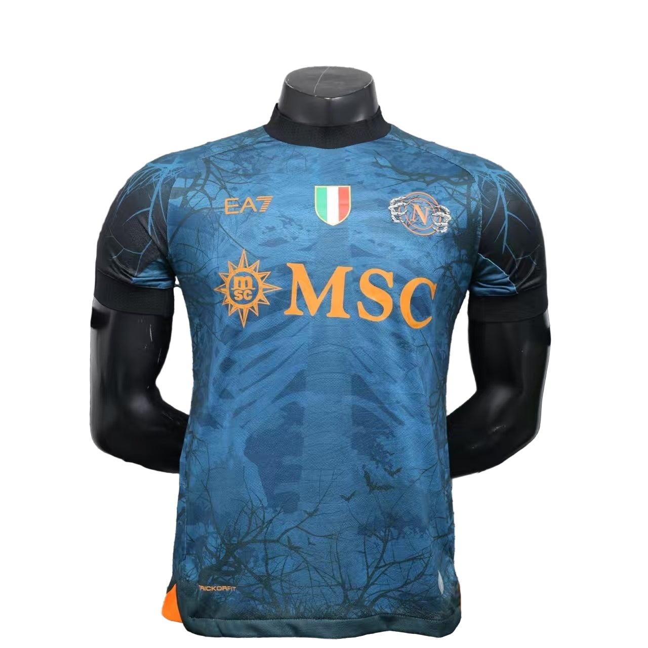 e1eaedeb Front view of a blue athletic jersey on a mannequin, featuring an orange MSC sponsor logo and Italian flag crest.